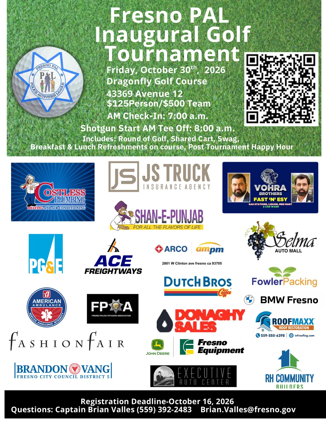 Fresno PAL Inaugural Golf Tournament flyer — Friday, October 30, 2026 at Dragonfly Golf Course, $125 per person or $500 per team, check-in 7:00 a.m. and shotgun start at 8:00 a.m., with sponsor logos.
